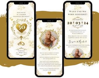 eCARD for a golden wedding | Digital WhatsApp Wedding Card | Mobile phone card 50 years of marriage | Animated gold wedding with photo picture