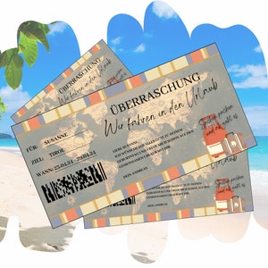 Gutschein für die Urlaubsreise zum Ausdrucken | Geschenkgutschein zum Geburtstag | Personalisierte Überraschungskarte | Geschenkidee Karte