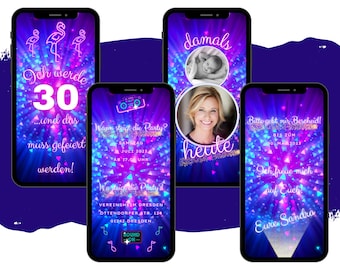 May include: Three colorful phone screen mockups with text and images. The first phone screen says "Ich werde 30... und das muss gefeiert werden!" with pink flamingos. The second phone screen says "Wann steigt die Party? Samstag 8. Juli 2023, ab 17.00 Uhr" with a retro boombox graphic. The third phone screen says "Bitte gebt mir Bescheid! Bis zum 10. Mai 2023" with a photo of a woman and the text "damals" and "heute".