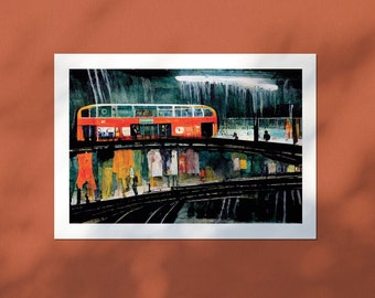 Midnight Commuters - Urban Art Print Cityscape Illustration  Night City Original artwork