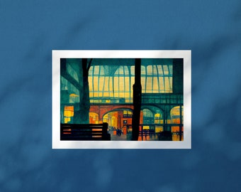 May include: A painting of a large, open space with a high ceiling and many windows. The space is filled with people and a bench. The windows are lit up with warm, yellow light. The painting is done in a realistic style.