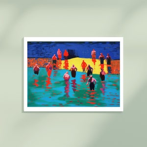 May include: A painting depicting a group of people in a body of water. The water is a vibrant turquoise colour with red and yellow highlights. The people are all wearing different colours of clothing, and some are standing while others are wading in the water.