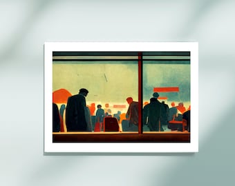 Airport Giclee Art Print, Lonely Crowds, Signed Cubist Cityscape on Etching Paper