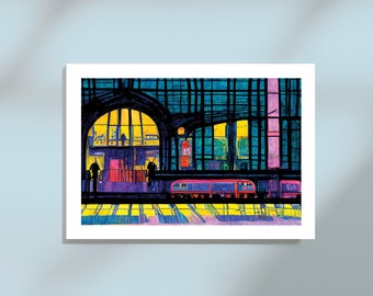 May include: A painting of a train station at night. The train station is made of dark blue and black glass. The train is red and yellow. The windows of the train station are lit up with yellow light.