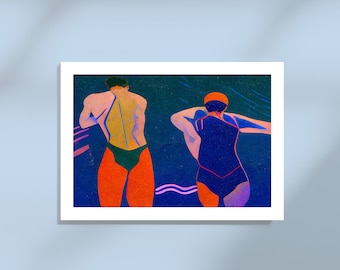 May include: Two people in swimsuits stand with their backs to the viewer, facing a body of water. The person on the left is wearing a green swimsuit with a yellow and orange design. The person on the right is wearing a blue swimsuit with a red design. The background is a dark blue with hints of purple and green.