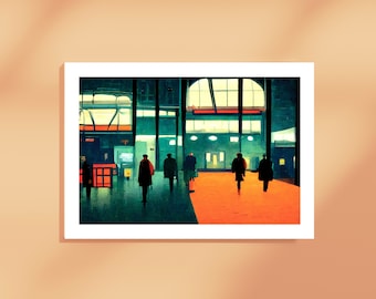 May include: A digital painting of a group of people walking through a large, modern building with a glass ceiling. The people are silhouetted against the light coming in from the windows. The floor is a mix of dark green and orange.