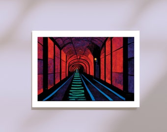 May include: A painting of a tunnel with red brick walls and a blue and green tiled floor. The tunnel is lit by a single light at the end.