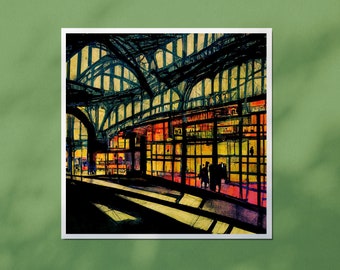 May include: A painting of a train station interior with a large, open space and a high ceiling. The station is brightly lit with warm, yellow light. There are people walking around in the station, and the windows are all lit up.
