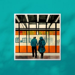 Lost in a Train Station, Signed Square Pop Art Print Original City Illustration