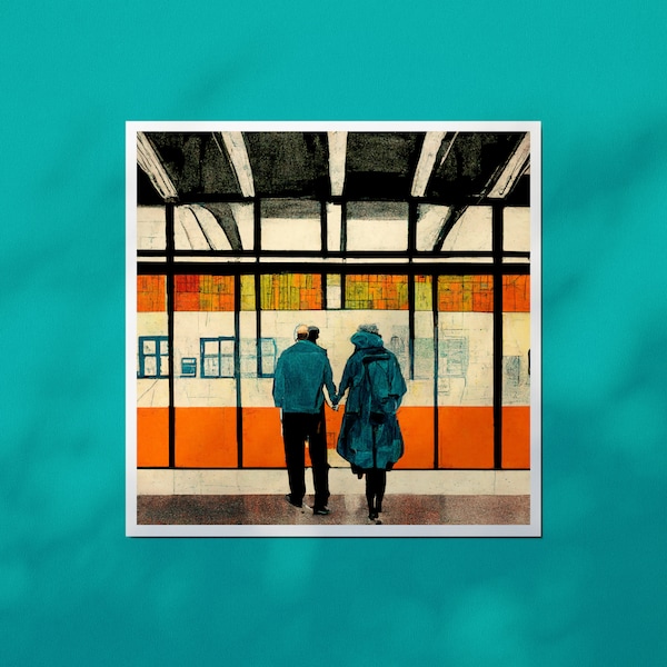 Lost in a Train Station, Signed Square Pop Art Print Original City Illustration