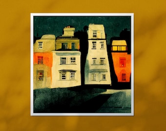 May include: A watercolor painting of a row of houses at night. The houses are painted in shades of white, gray, and orange. The windows are lit up, and the street is dark.