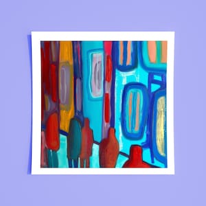 London Abstract Art Print, Lonely Crowds, Textured Surreal City Scene, Turquoise Blue Modern Wall Art