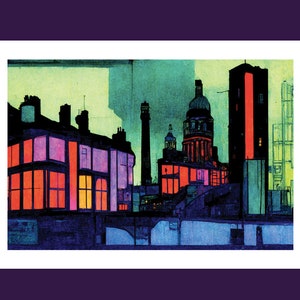 May include: A painting of a city skyline at night. The buildings are silhouetted against a dark blue sky, with windows glowing orange and yellow. The painting is done in a stylized, almost abstract style.