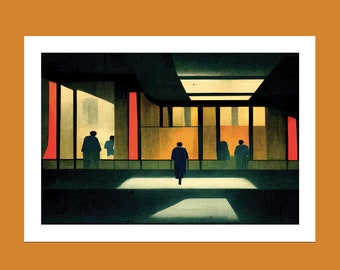 May include: A painting of a modern interior with a person walking through a doorway. The person is wearing a dark blue coat and is walking towards a bright light. The walls are a dark green and the floor is a light brown. There are windows on the left and right sides of the image.