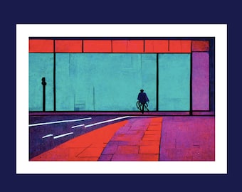 Cityscape illustration Cycling through the Barbican Tunnel, Art Print, London wall decor, Modern Cycling home decor