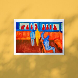 St Pancras Train Station London Waiting Room Scene Wall Art, Abstract Figurative Contemporary Print
