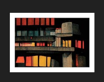 May include: A nighttime view of a building with windows lit up in red, yellow, and orange. The building has a concrete exterior and a modern design.