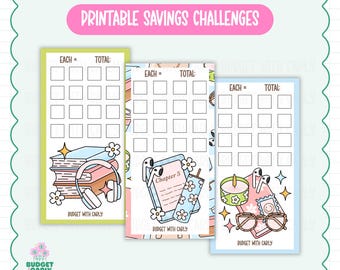 Könnte beinhalten: Drei druckbare Spar-Challenges mit hellgrünen, rosa und blauen Rändern. Jede Challenge hat ein Raster mit Kästchen zur Verfolgung des Sparens. Designs umfassen Bücher, Kopfhörer, ein Tablet, ein Getränk, Sonnenbrillen und Briefmarken. Text: "Druckbare Spar-Challenges."