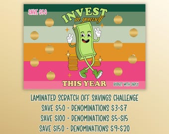 May include: A laminated scratch-off savings challenge card with a cartoon money character. The card has a green, orange, and pink background with gold circles. The text on the card reads "Invest in yourself this year" and "Budget with Carly".