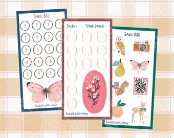 May include: Three printable budget trackers with a pink and white floral design, a butterfly, and a variety of other illustrations. The trackers are titled "Save $60", "Save $40", and "Total Saved".