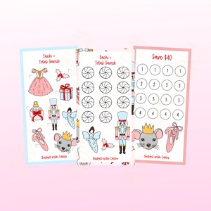 May include: Three printable Christmas savings trackers featuring a nutcracker, a ballerina, and a candy cane. Each tracker has a space to mark off savings goals with a total savings amount. The text "Save $40" is at the top of the third tracker.