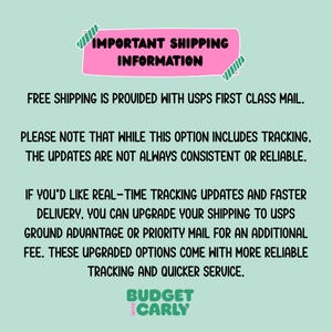 May include: A pink rectangle with the text "IMPORTANT SHIPPING INFORMATION" and green accents. The text below explains shipping options, including USPS First Class Mail, and the option to upgrade for faster delivery and tracking. The logo "BUDGET WITH CARLY" is at the bottom.