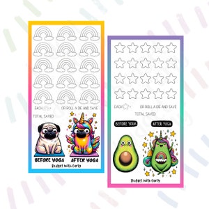 Puede incluir: Plantilla de presupuesto imprimible con una ilustración de un unicornio y un pug. El rastreador tiene dos secciones: "Antes del yoga" y "Después del yoga". Cada sección tiene una cuadrícula de estrellas y arcoíris para colorear.