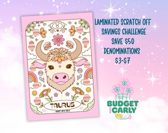Taurus Zodiac Savings Challenge: Cash Envelope Stuffing Scratch-Off for Budget Binder