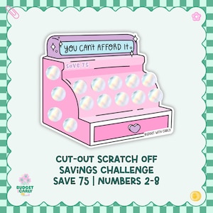 May include: A pink cash register sticker featuring the text "you CAN'T AFFORD it." and "save 75". The design includes multiple circular scratch-off areas with a holographic finish and a small purple heart on the drawer. The text "BUDGET WITH CARLY" is printed on the bottom right corner of the register.