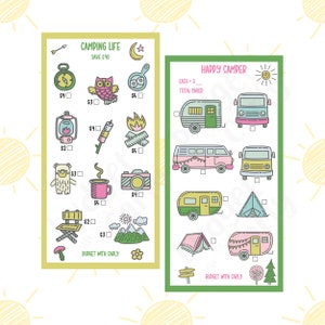 May include: Two printable worksheets for budgeting a camping trip. The first worksheet is titled "Camping Life" and features a list of camping items with prices. The second worksheet is titled "Happy Camper" and features a list of camping vehicles and tents with prices. Both worksheets have a "Budget with Carly" note at the bottom.