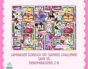 May include: A laminated scratch-off savings challenge with a pink border. The design features cartoon characters like Winnie the Pooh, Mickey Mouse, and Stitch. The text reads "SAVE 55" and "DENOMINATIONS 2-8".