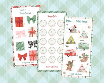 May include: Three printable Christmas-themed activity sheets with a festive colour scheme of red, green, and white. Each sheet features a different set of images and a "Total Saved" section. The first sheet features gift boxes with bows, the second sheet features circles with numbers 1-5, and the third sheet features images of a raccoon, a cabin, a camper, a bear, and a squirrel.