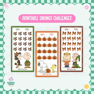 May include: Printable savings challenges featuring fall-themed graphics. The designs include leaves, pumpkins, and bows, with characters from the Peanuts comic strip. The text "Printable Savings Challenges" is displayed at the top.