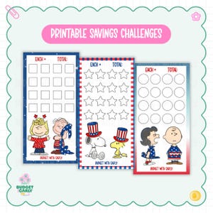 May include: Printable savings challenges featuring cartoon characters. Each challenge has a different design: squares, stars, and circles. The challenges are in red, white, and blue, with the text "PRINTABLE SAVINGS CHALLENGES" at the top.