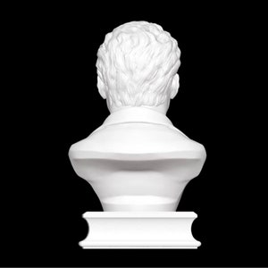Puede incluir: Busto de yeso blanco de la cabeza y los hombros de una persona, visto desde atr&aacute;s. El busto est&aacute; sobre un pedestal blanco.