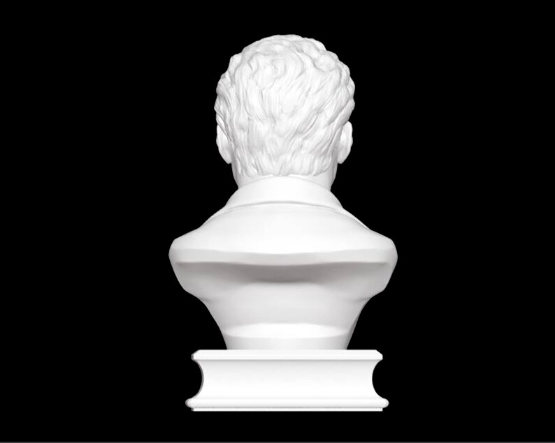 Puede incluir: Busto de yeso blanco de la cabeza y los hombros de una persona, visto desde atr&aacute;s. El busto est&aacute; sobre un pedestal blanco.