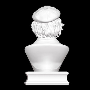 May include: White ceramic bust sculpture of a person wearing a white beret. The bust is on a white pedestal.