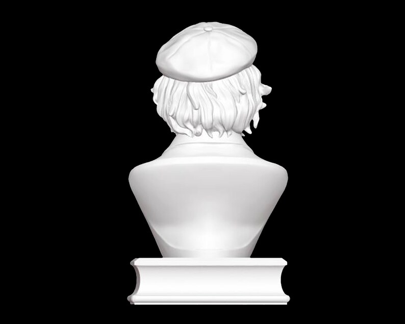 May include: White ceramic bust sculpture of a person wearing a white beret. The bust is on a white pedestal.
