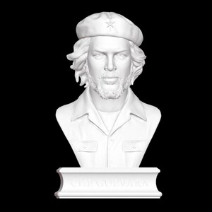 May include: White bust sculpture of a man wearing a beret with a star on it. The bust is on a base with the word "CUBA" inscribed on it.