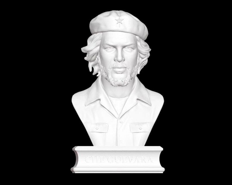 May include: White bust sculpture of a man wearing a beret with a star on it. The bust is on a base with the word "CUBA" inscribed on it.