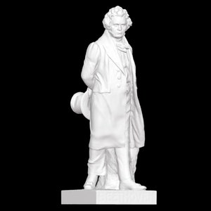 May include: White plaster statue of a man wearing a coat and hat. The statue is standing on a square base.