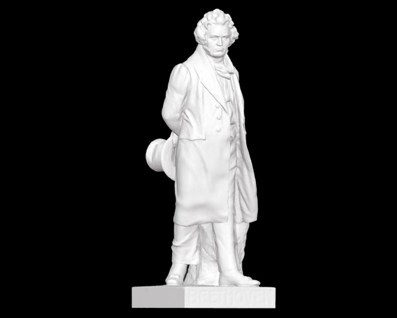May include: White plaster statue of a man wearing a coat and hat. The statue is standing on a square base.