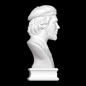 May include: White plaster bust sculpture of a person wearing a beret. The bust is on a white pedestal.