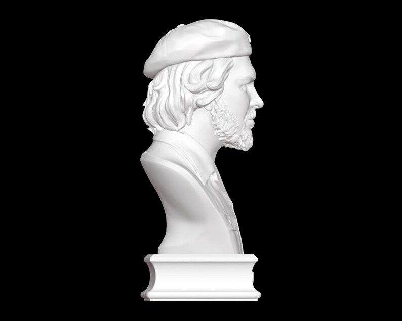 May include: White plaster bust sculpture of a person wearing a beret. The bust is on a white pedestal.