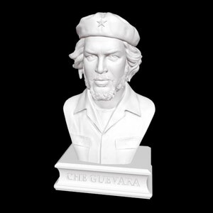 May include: White bust sculpture of Che Guevara wearing a beret with a star on it. The bust is on a white base with the words "CHE GUEVARA" inscribed on it.