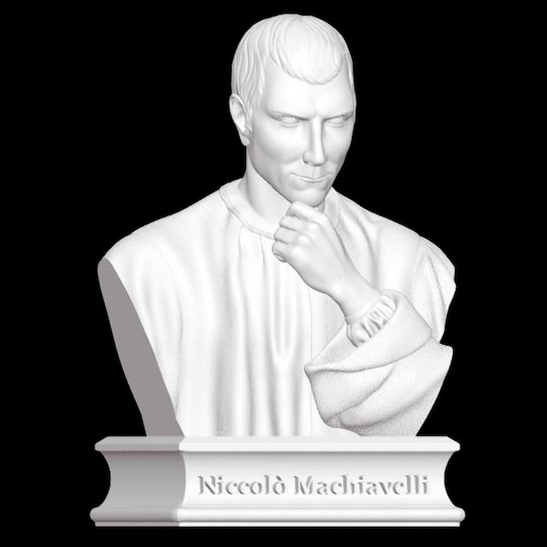 Busto de Niccolò Machiavelli, Escultura de Niccolò Machiavelli, Filósofo italiano, Renacimiento, Escultura impresa en 3D, Opciones de tamaño y color