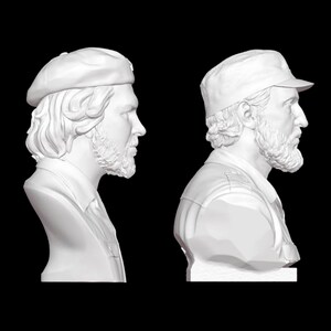 May include: White plaster bust sculpture of a man with a beard wearing a beret and a cap. The bust is shown from two different angles.
