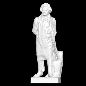 May include: White marble statue of a man in a coat standing on a plinth. The man is wearing a coat with a high collar and a cravat. He is holding his hands in front of him.