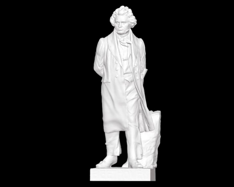 May include: White marble statue of a man in a coat standing on a plinth. The man is wearing a coat with a high collar and a cravat. He is holding his hands in front of him.