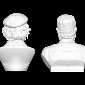 May include: White bust sculpture of a person wearing a hat. The sculpture is shown from the back. The sculpture is made of a smooth, white material.